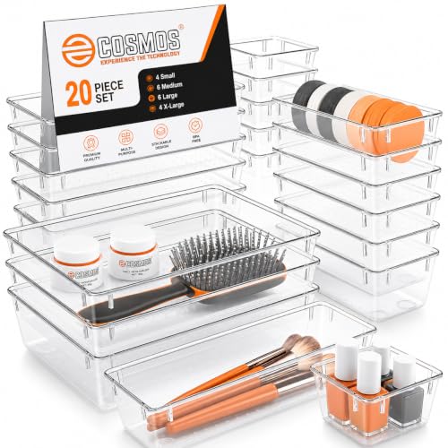 Image of E-COSMOS 20-Pack Transparent Drawer Organizers, Durable Polypropylene Storage Boxes, Multi-Purpose Divider Trays for Dressing Table, Vanity, Kitchen, and Office
