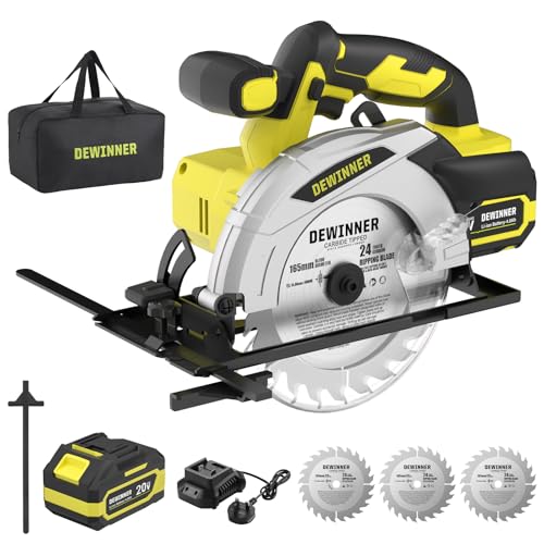 DEWINNER Sierra Circular Inalámbrica,Sierra Circular de Mano 4000RPM con Batería 4.0Ah,Corte 54mm(90°) 38mm(45°), 3 Hojas 165mm 24Dientes + Bolsa Lona, Ideal para Corte Madera (una batería)