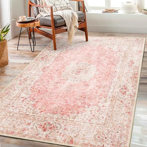 Image of Castage Pink Rug 3x5,Washable Area Rugs for Bedroom Living Room Kitchen Entryway,Small Boho Vintage Bohemian Distressed Non Slip Carpet,Blush