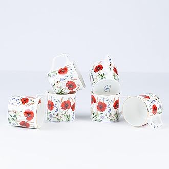 GOLDEN QUEEN'S Tea Cups Set of 6 | Ideal for Everyday Tea and Coffee, Enhancing Your Daily Rituals | Handcrafted & 24K Gold on Rim - Wild Poppy Florals