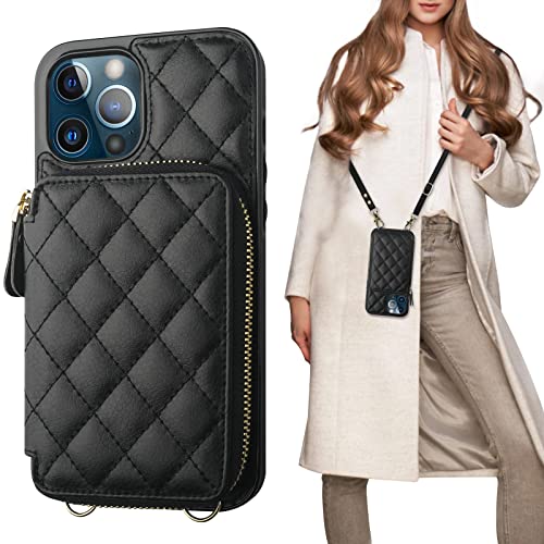 Bocasal Crossbody Wallet Case for iPhone 12 Pro Max RFID Blocking PU Leather Zipper Handbag Purse Flip Cover Kickstand Folio Case with Card Slots Holder Wrist Strap Lanyard 5G 6.7 Inch (Black)