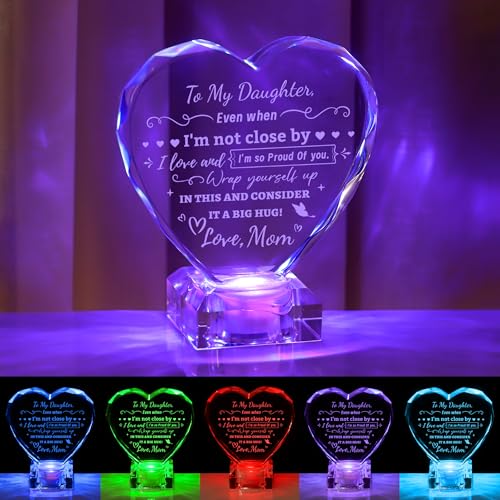 to My Daughter Night Light Gifts, Love Crystal Gifts for Daughter Christmas Day Birthday, Engraved Crystal Heart with Rechargeable Color-Changing LED