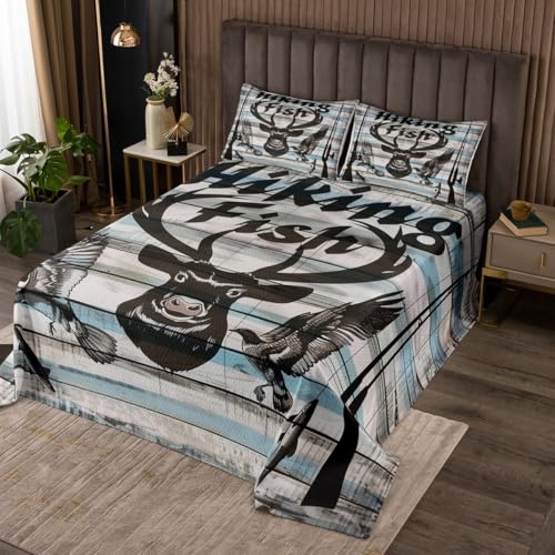Loussiesd Cute Hirsch Bettüberwurf Mallard Duck Tagesdecke 170x210cm Jagd & Fischerei Geweih Rustikal Cabin Country Steppdecke Holzmaserung Doppelbett Gesteppt