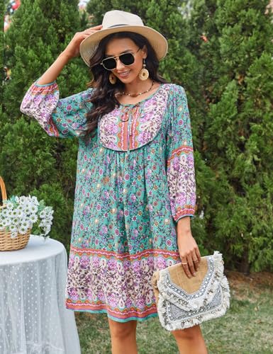 Image of Bluetime Women Casual Summer Dress Boho V Neck 3 /4 Sleeve Babydoll Floral Print Flowy Beach Dress