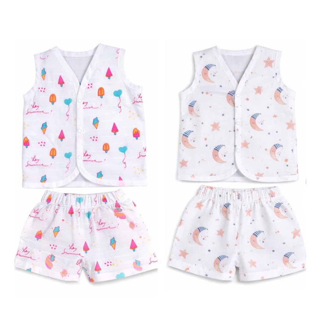 First Wonder Muslin Cotton Jabla & Shorts Set Pack of 2, Sleeveless Front Open Newborn Wear, Lightweight Breathable Summer... - Review, Price and Buying Guide