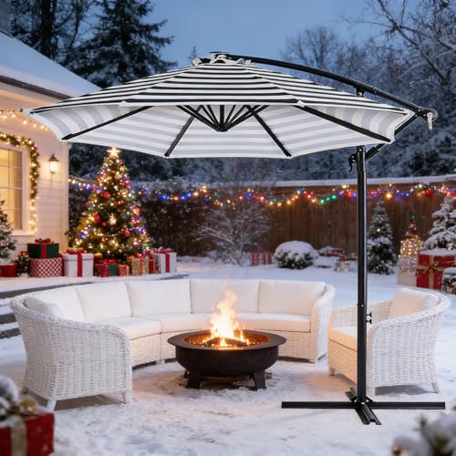 GLDDFDG 10ft Offset Hanging Market Patio Umbrella w/Cross Base, Outdoor Large Round Aluminum Cantilever Umbrella w/Easy Tilt Adjustment, Fade Resistant Waterproof 8 Ribs Canopy, for Yard, Garden & Dec (Black White Stripe)