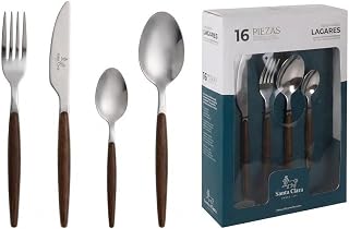 SANTA CLARA | Cubertería completa 16 piezas de acero inoxidable con mango efecto madera, juego de cubiertos con cuchillo, tenedor, cuchara, cucharilla de postre, servicio para 4 personas, Gama Lagares