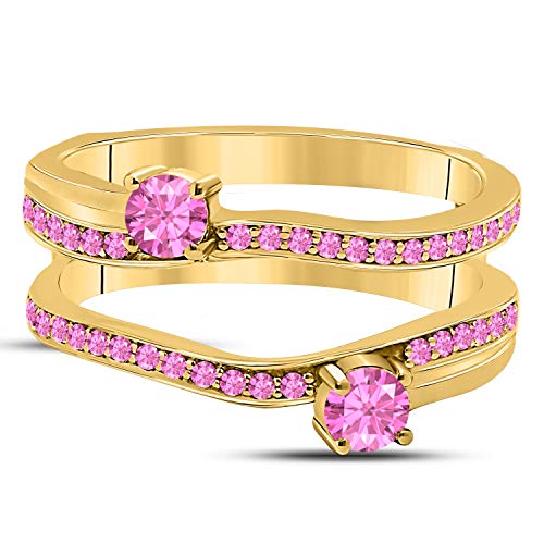 DS Jewels 14k Yellow Gold Plated Alloy Two Stone Prong Set Round Forever US Enhancer Ring Guard with CZ Pink Sapphire (0.58 ct. tw.)