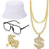 Gejoy Hip Hop Costume Kit 80s/90s Rapper Accessories Bucket Hat Sunglasses Gold Chain Ring Outfit for Men Women(White)