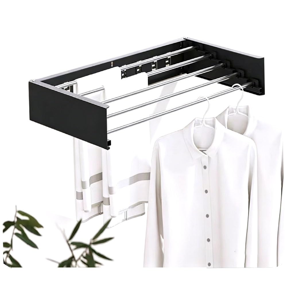 Perchero de pared y tendedero plegable para interiores, de metal duradero, para uso en interiores y exteriores, color negro, 80 x 40 x 10 cm