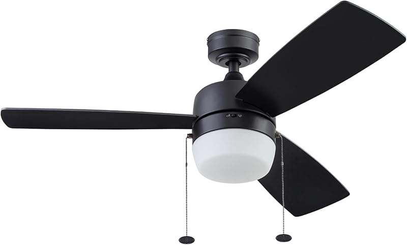 Honeywell Ceiling Fans Barcadero Contemporary 44 Inch Ceiling Fan with Light, Pull Chain, LED Indoor Fan with 3 Blades, Matte Black (51476-01)