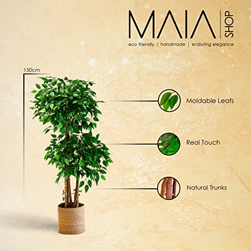 Ficus Artificial de 2 y 3 Copas con Troncos Naturales, Elaborados con los Mejores Materiales, Ideal para Decoración de Hogar, Planta, Árbol Artificial (150cm, 2 Copas)