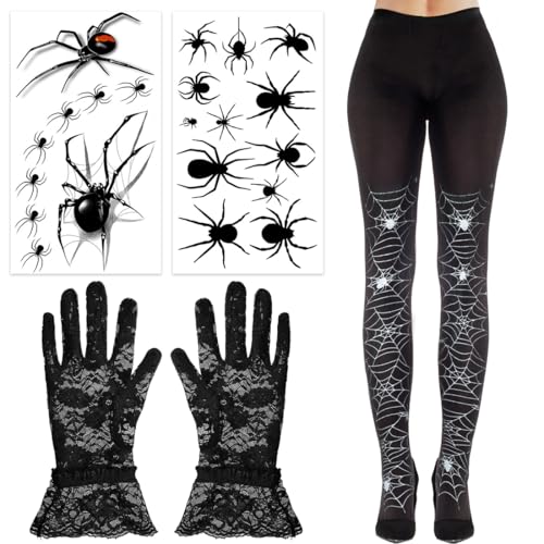 Epokus 3 Stück Halloween Spinnenkostüm Damen, Spinnenweben strumpfhose, spinnennetz strü Zubehör Set, Gotische Spitzenhandschuhe, Spinnen Gesichtstattoos, halloween Karneval Kostüm