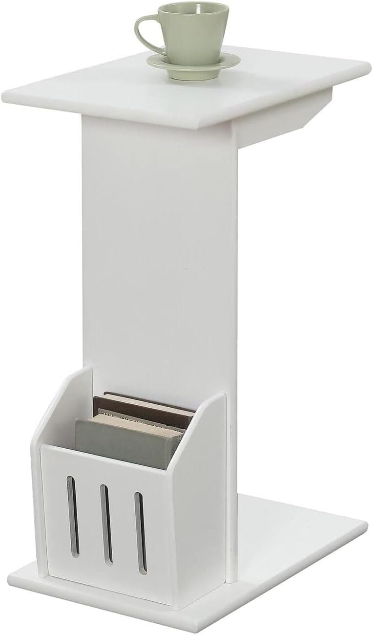 HomeStock Handmade Home C-Shape End Table, 11-in x15-In x24-In, White Finish, Space-Saving Side Table with Magazine Holder, Classic & Versatile for Living Room or Office