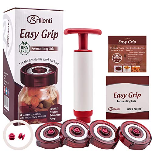 Fermentation Lids Kit by Brillenti. 4 waterless airlock fermenting lids fit wide mouth
