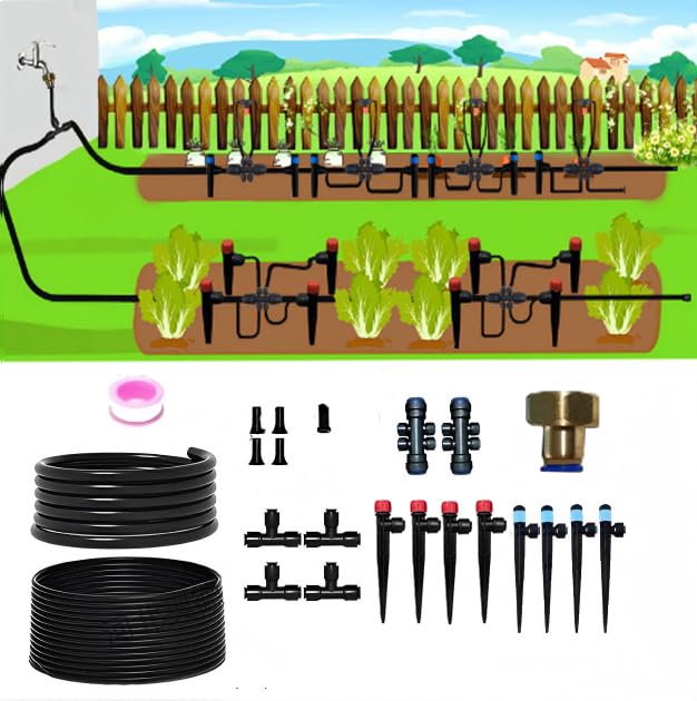 Upgraded Copper Connectors Drip Irrigation Kit, 15+78FT Automatic Watering System, Adjustable Emitters & Nozzles for Garden, Greenhouse, Potted Plant, Lawn, Greenhouse and Potted Plants