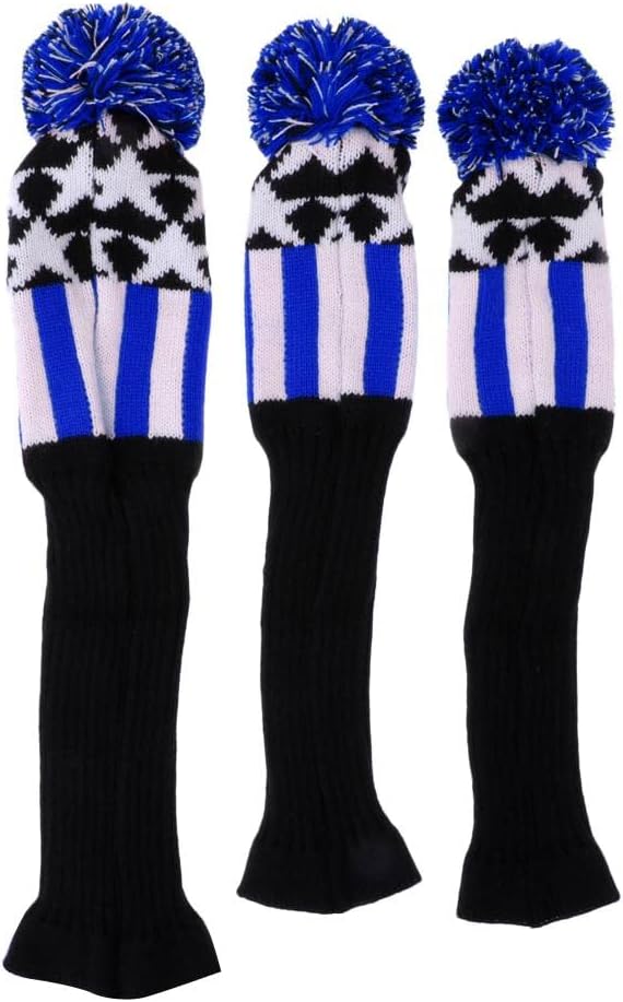 3Pcs Pom Pom Headcover Knit Golf Club Head Covers Set, Long Neck Sock for Extra Shaft ion, Tag Numbers Included, Easy On/Off, for Drivers, Woods, Fairway - Color May Vary - Blue, One Size