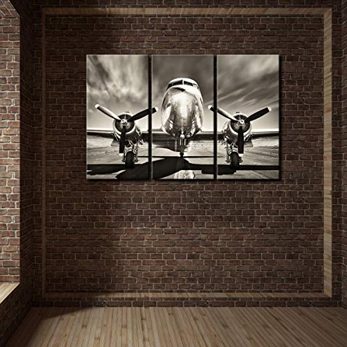 Klvos 3 Piece Airplane Wall Art Vintage Black And White Propeller Aircraft Picture For Boy Room Home Office Modern Home Decor Stretched And Framed Ready To Hang - 16"X32"X3Pcs #TOP4