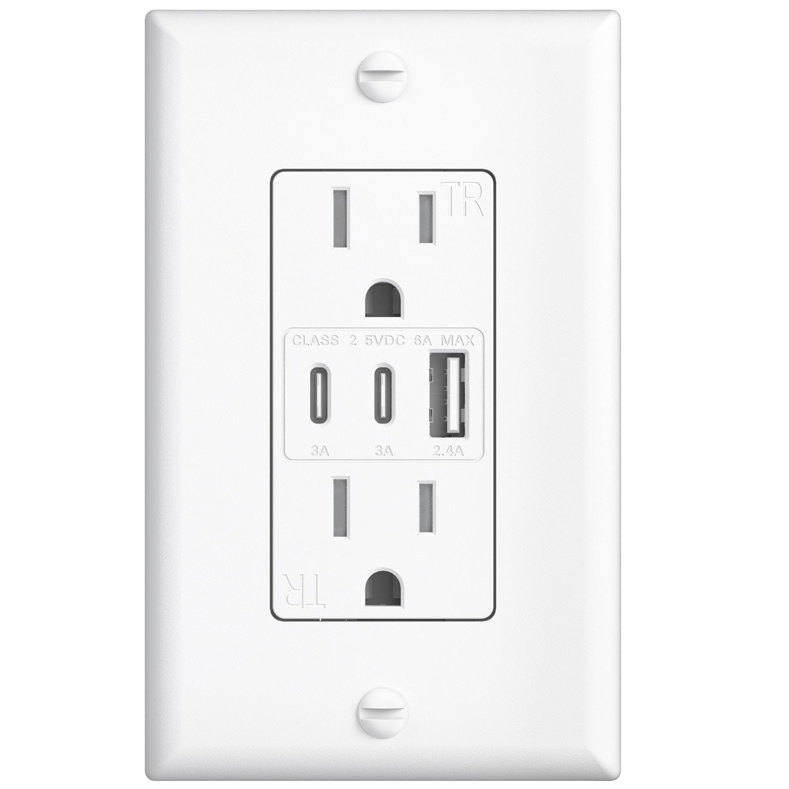 1 Pack 15Amp, 3-Port Type C USB Outlet, Charging Power Outlet with Type C&A Ports, Screwless Wall Plate Included