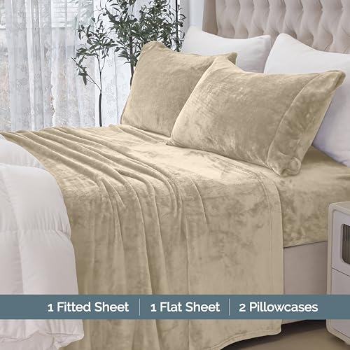 Elegant Comfort Luxuriously Soft 4-Piece Velvet Plush Flannel Sheet Set - Premium Quality - Cozy Warm, Anti-Static, Non Pilling Fuzzy Velvet Flannel Fleece Deep Pocket Sheet Set - Twin, Cream