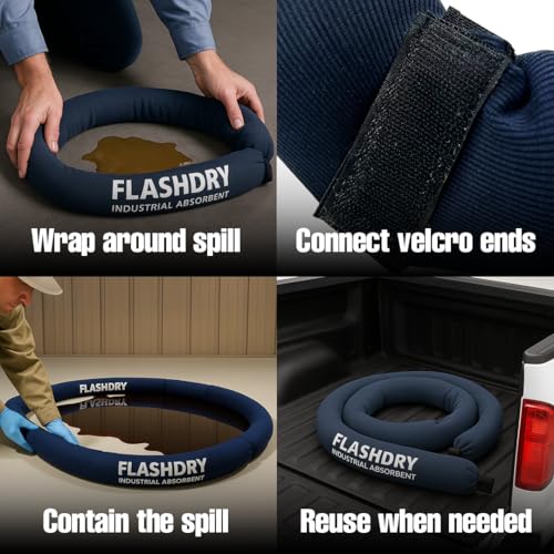 Image of FlashDry Absorbent Socks with Coir 5 Ft - Heavy-Duty Spill Containment & Leak Control for Hydrocarbons and Machine Fluids - Customizable with Velcro Ends, Reusable for Industrial & Home Use