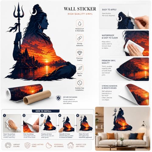 Image of Rangoli Shiva Wall Sticker Self-Adhesive 22 x 24 Inch Waterproof Wall Decor for Living Room Bedroom Office Mahadev Meditation Wall Decal