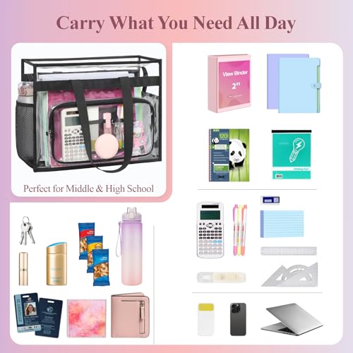 Image of PACKISM Clear Tote Bag for School - Large Heavy Duty Clear Tote for Girls | See Through PVC, Wide Zipper Opening, Front Pocket Keeps Essentials Visible for Students, Class, Work, Daily Carry, Age 12+