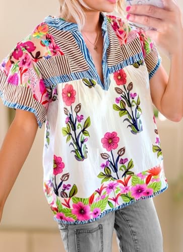 Women Floral Patchwork Short Sleeve Shirt Boho Flutter Sleeve V Neck Peplum Blouse Tops Summer Y2k Babydoll Tank Top2