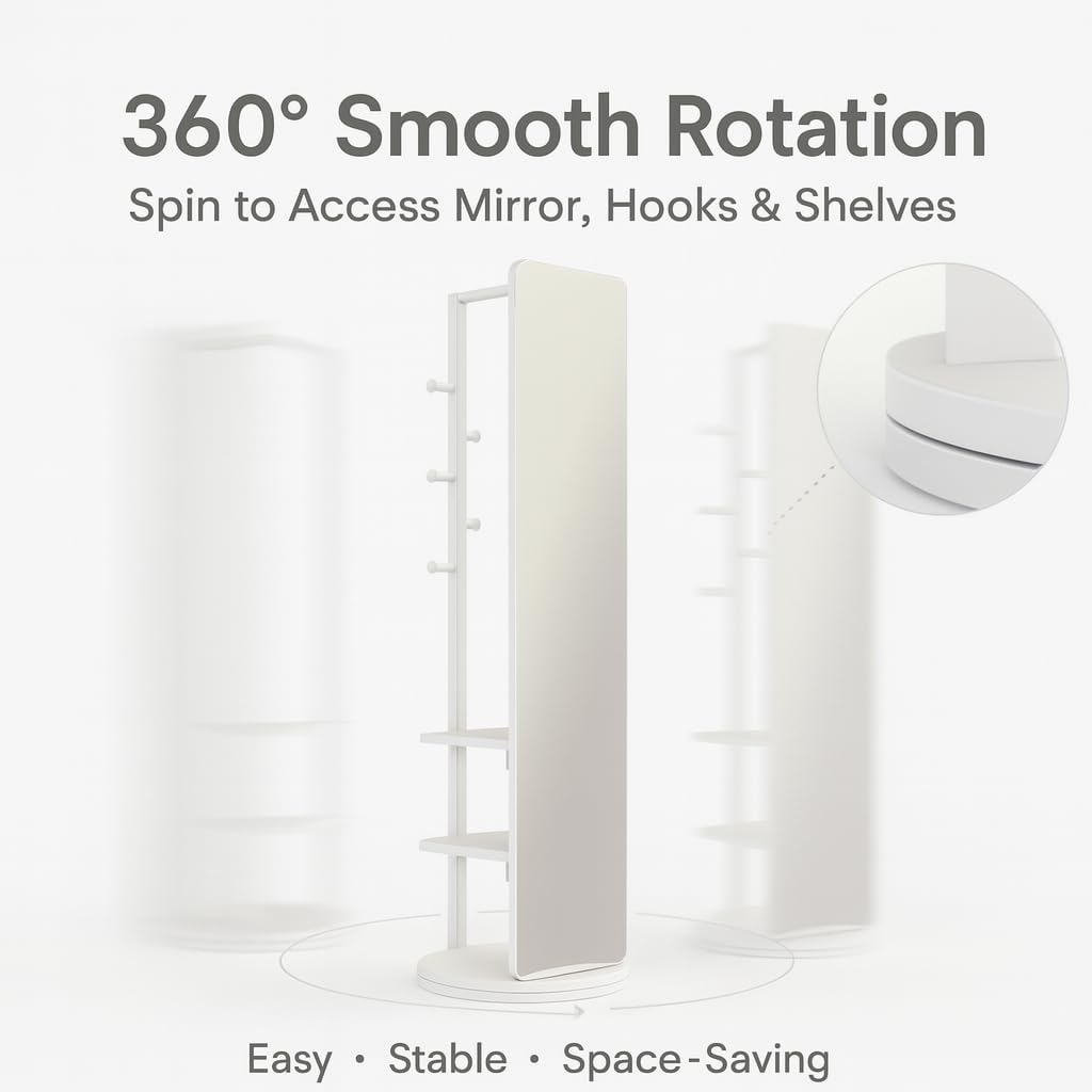 3-in-1 69" Rotating Dressing Mirror with Coat Rack and Shelves – Freestanding Full Length Mirror with Storage for Bedroom Closet Entryway (White)
