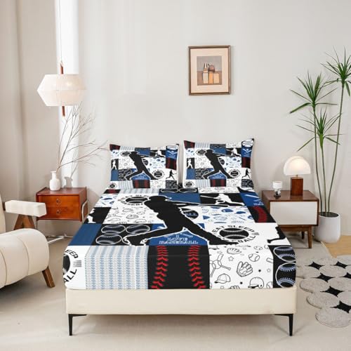 Image of Castle Fairy Patchwork Baseball Bed Sheet Set 2 Pillowcases,Sports Geometric Grid Blue Sheets Set,Baseball Player Room Decor Sheet Sets with Deep Pocket,Top Flat Sheet,King Size