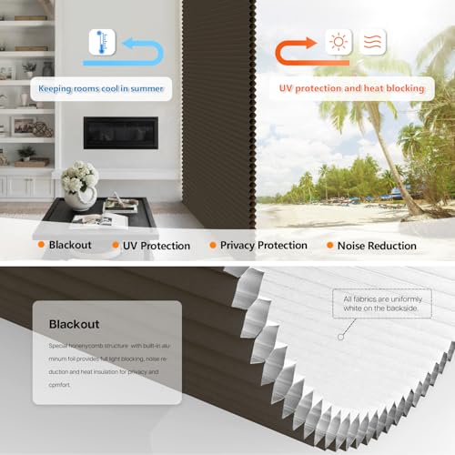 Image of LazBlinds No Tools No Drill Cordless Cellular Shades, Top Down Bottom Up (TDBU) Honeycomb Shades for Home, Blackout Light Blocking Thermal Insulation Blinds for Windows, 25 inch W x 48 inch H, Dark Coffee
