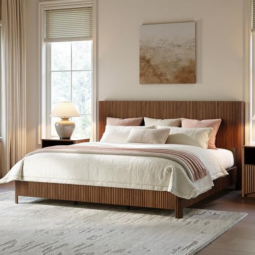 Image of Evermagin Walnut King Bed Frame with Headboard, Mid Century Modern Fluted Platform Bed, Boho Wooden Bed Base No Box Spring Needed, Wavy Grooved Panel