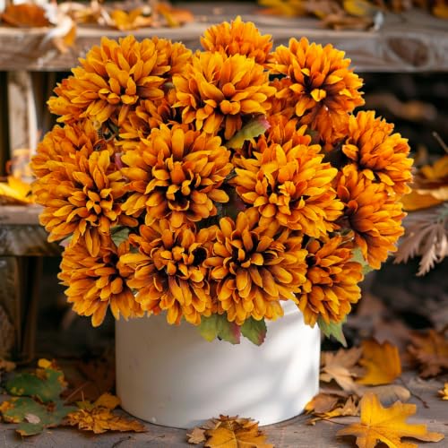 Artificial Fall Flowers Fake Mums for Outdoor 6 Pack 30 Heads Artificial Chrysanthemums UV Resistant Faux Fall Flower for Front Porch Halloween Diwali Cemetery Indoor Outside Decor (Burnt Orange)