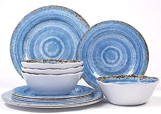 12-Piece Melamine Dinnerware Set - for Outdoor/Indoor Use, Unbreakable, Lightweight, BPA Free, Service for 4, Rustic Blue Pattern