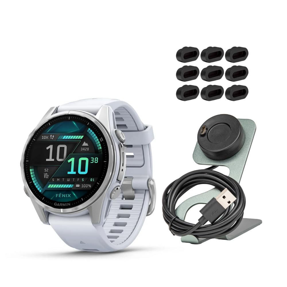 Garmin Fenix 8 43mm AMOLED GPS Smartwatch Silver and Whitestone Bundle with Portable Charger Stand and Charger Port