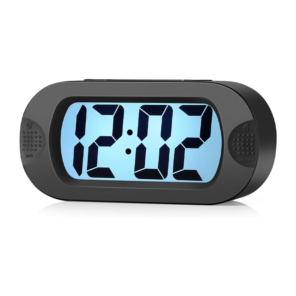 LCD Digital Alarm Clock with Large Display – Battery Operated – 12-Hour Format, 8-Minute Snooze, 5-Second Backlight – Ascending Alarm Sound – Soft Silicone Housing – Easy Setup (Midnight Black)