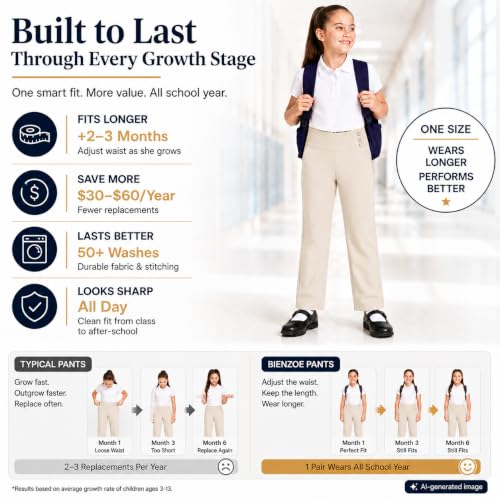 Image of Bienzoe Girls School Uniform Pant: Kids Adjustable Waist Durable Straight Leg Dress Trouser