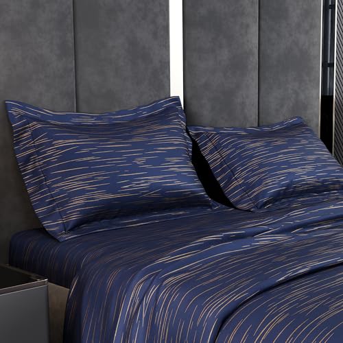 Image of Stoa Paris 350TC Luxstre Cotton Super King Printed Bedding Set for King & Double Size Beds with 2 Pillow Covers, 274 x 274cm Bedsheet, All-Season Comfort, Breathable, Home Decor, Panache 2.0 - Navy