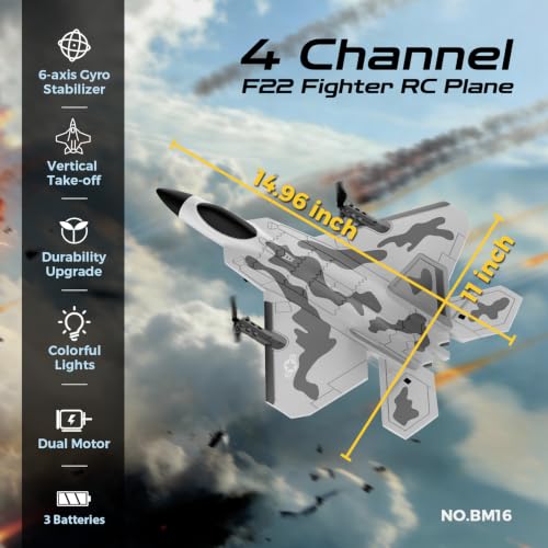 Image of CKYSCHN F22 Raptor RC Plane 4 Channel New Version, Vertical Takeoff Remote Control Airplane with 6-axis Gyro & Lights, 3D Aerobatic RC Aircraft for Adults | 3 Batteries