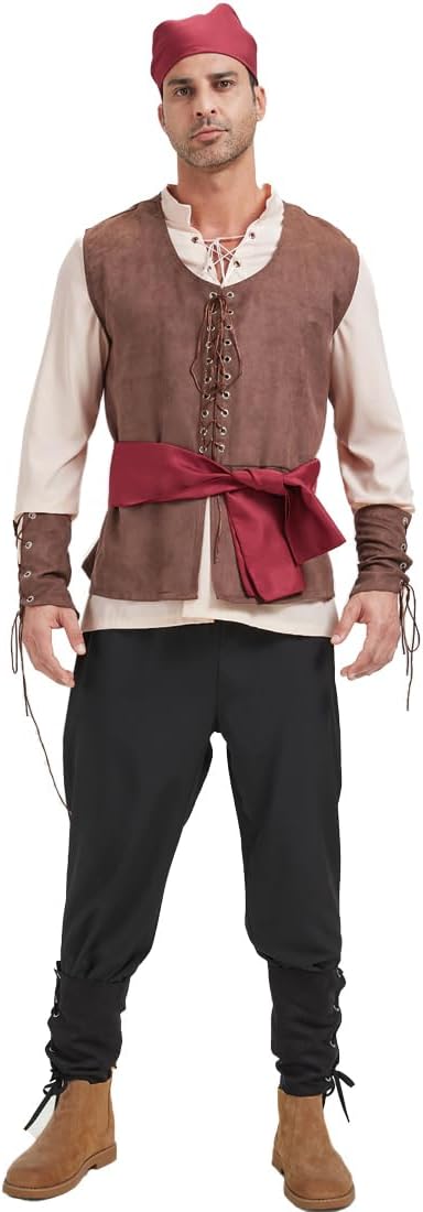 5 Pcs Men's Pirate Costume Set Renaissance Medieval Shirt Vest Banded Pants Viking Belt Headscarf Accessories - Image 2