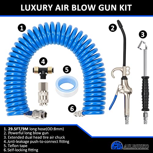 Ailbiuko Air Seat Blow Gun Kit With Tire Inflator Chuck For Trucks, Air Dust Blower For Semi Trailers Or Tractors, Air Blow Gun Clearner With 29.5Ft Coiled Air Hose #TOP1