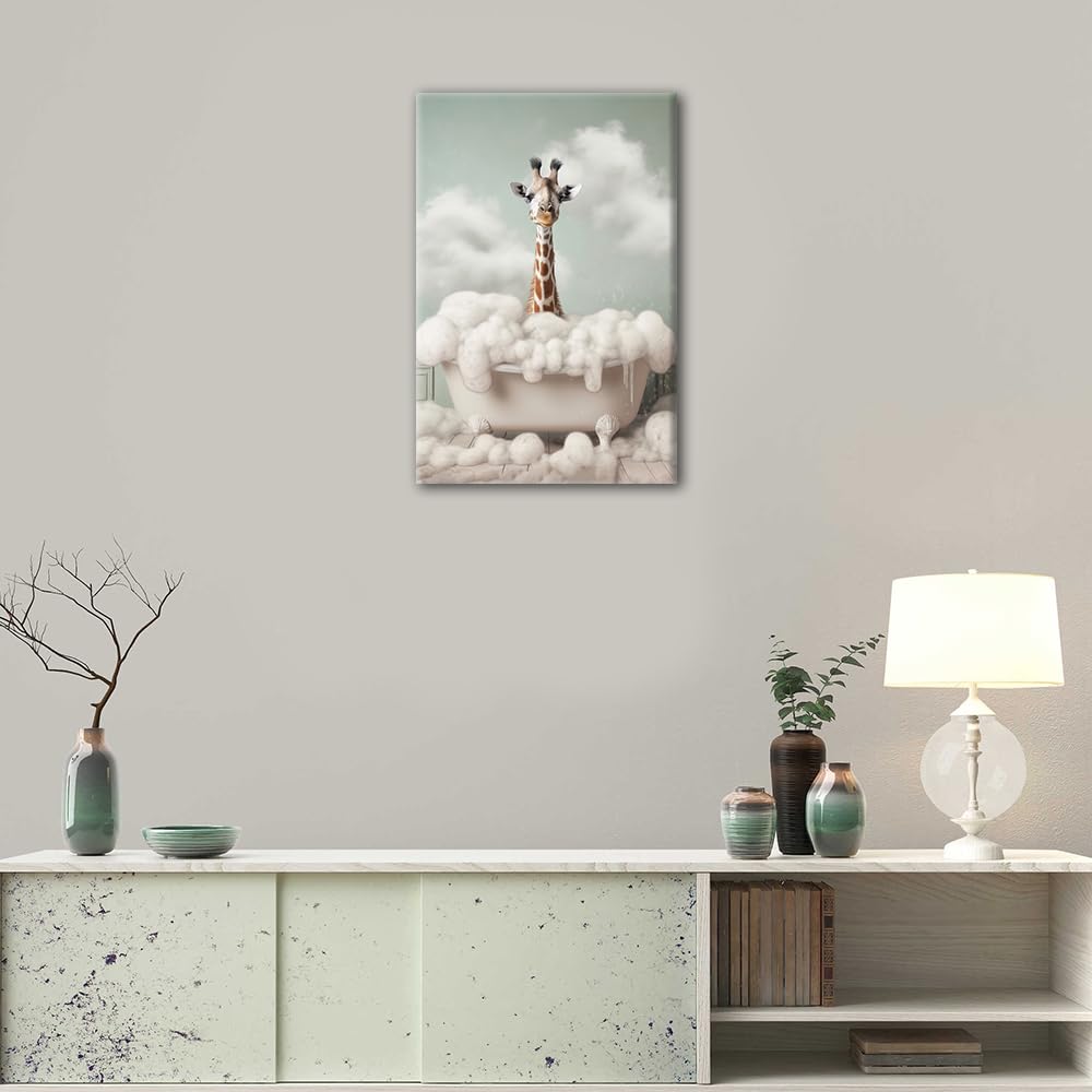 TISHIRON 1 Pieces Bathtub Animal Giraffe Pictures Home Decor Giraffe Bathing in the Bathtub Bathroom Wall Art Modern Home Decor Posters & Prints Stretched and Framed Ready to Hang (16" Wx24 H) - Image 3