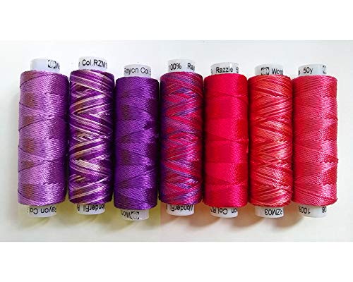 Sue Spargo Lustrous Razzle Rayon Thread, Size #8 - Set of Six 50yd Spools for Embroidery & Embellishment (Clematis - 7 Spools)