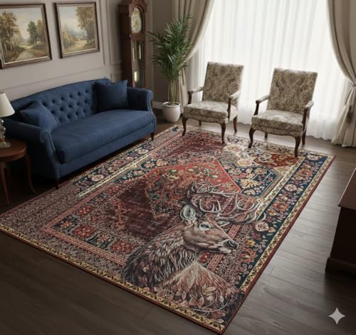 Image of Cotton Bolls Textiles Rugs for Living Room 5x7 Feet Large Size | Lightweight Foldable Carpet for Bedroom & Hall | Easy to Handle During Daily Cleaning | Travel Friendly Printed Rug | Deer