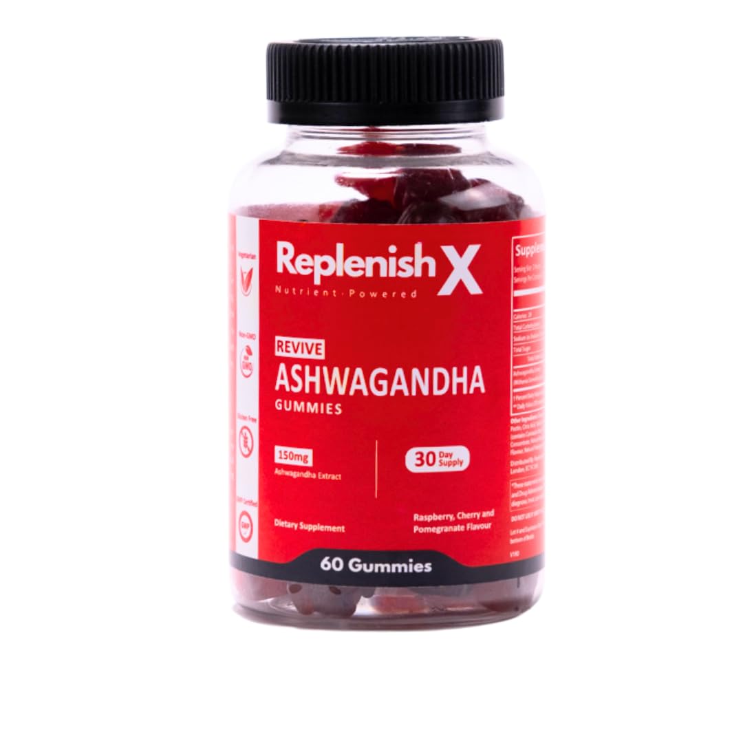 ReplenishX Revive Ashwagandha Gummies - High Strength Stress Relief & Vitamin Supplement - Raspberry, Cherry, and Pomegranate Flavor - Vegetarian, Non-GMO, & Gluten-Free - 60 Count
