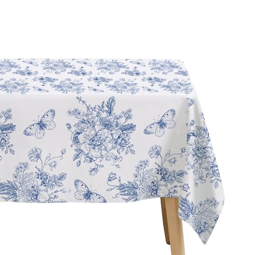 Image of Blue and White Floral Party Tablecloth Decorations, 3pcs Disposable Elegant Dusty Blue Flower Party Supplies Table Cover, for Birthday Baby Bridal Shower Wedding Chinoiserie Decor, 86in x 55in