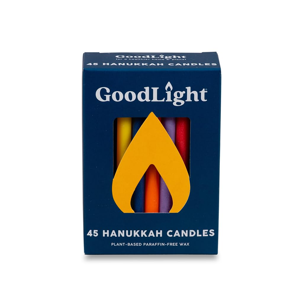 GoodLight Paraffin-Free Multi-Colored Jewish Chanukah Taper Candles, Vegan Palm Wax Hanukkah Blue and White Candlesticks, 45-Minute Burn Time, 45 Unscented Menorah Candles