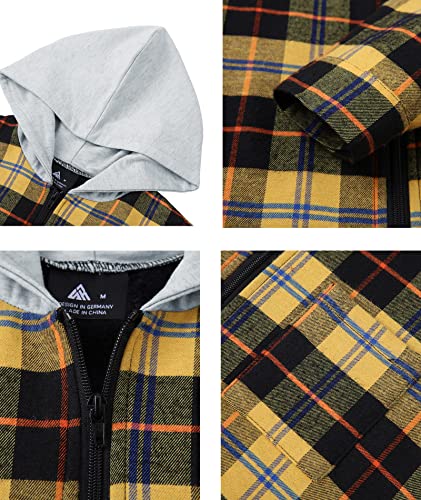 V Valanch Boys' Full-Zip Fleece Sweatshirts, Flannel Plaid Shirt Jacket, Kids Youth Full Zip Hooded Sweatshirt(Yellow,L) #TOP4