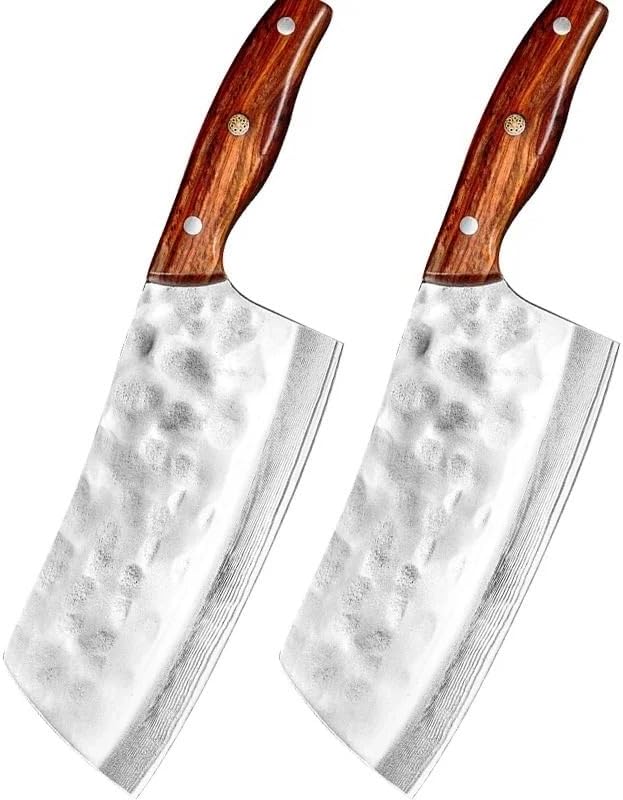 Meat Cleaver Knife, Forged Kitchen Chef Knife 9Cr18Mov Stainless Steel Meat Vegetables Slicing Knife Wide Blade Professional Butcher Cleaver Knife(2PCS)