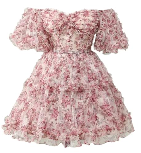 Off Shoulder Tulle Homecoming Dresses Puffy Sleeve Short Prom Dresses for Teens A Line Cocktail Dress